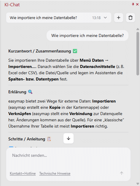 KI-Chat in easymap: Frage zum Datenimport mit Antwort und Schritt-für-Schritt-Anleitung
