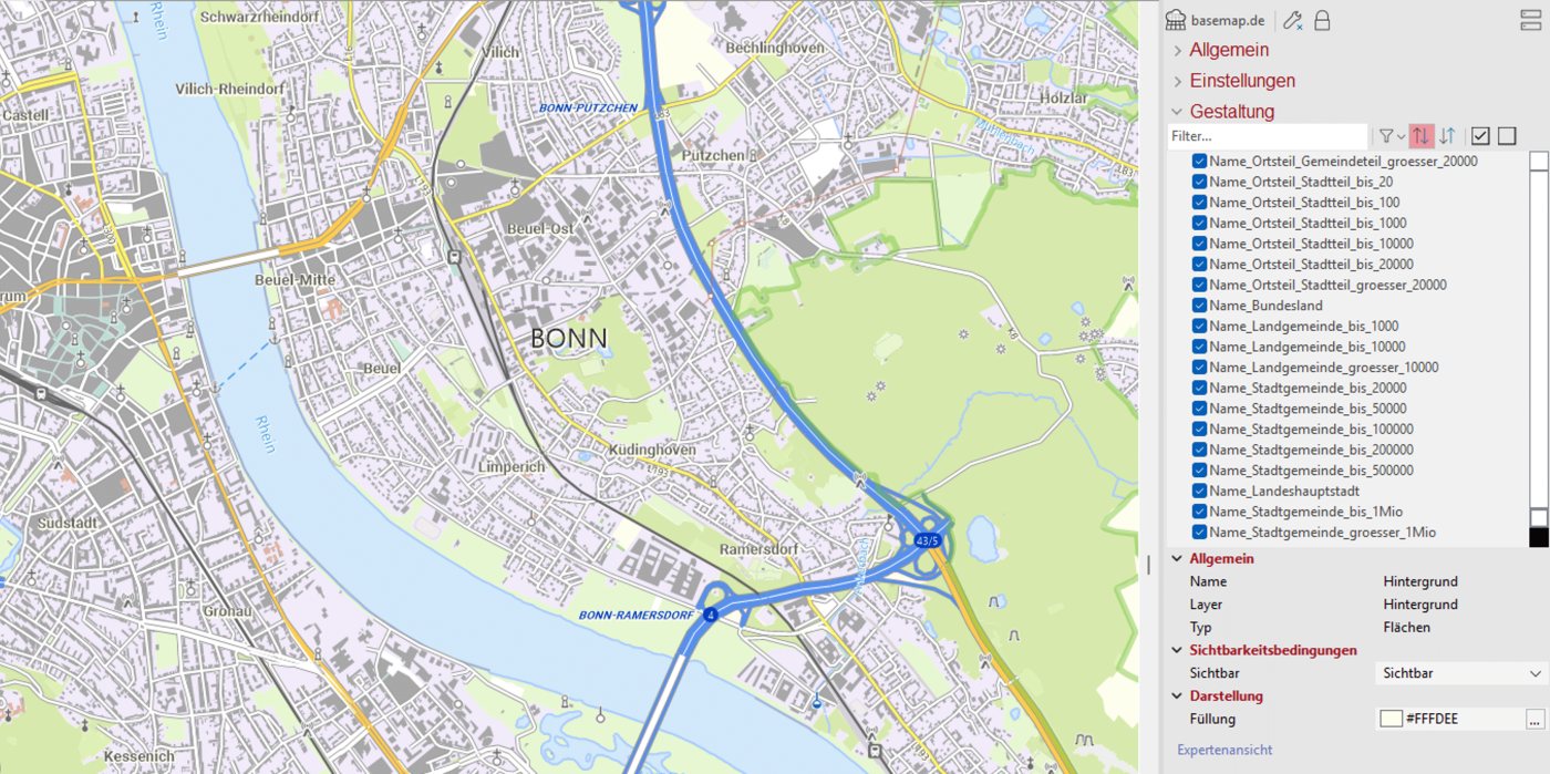 Vektorkacheln in easymap: Kartenausschnitt von Bonn neben dem Fenster für Ebenen und Farben